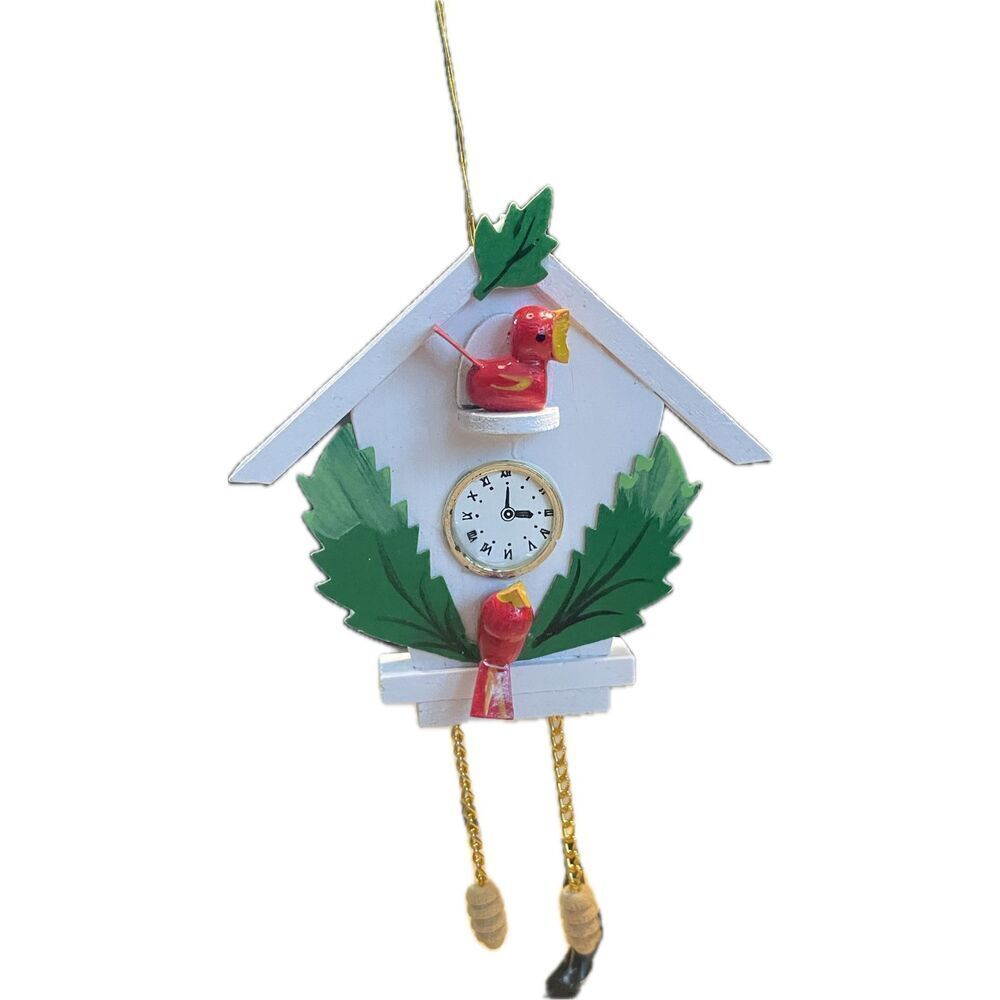 Wooden Cuckoo Clock Christmas Hanging Ornament White Green with Red‎ Birds 5"